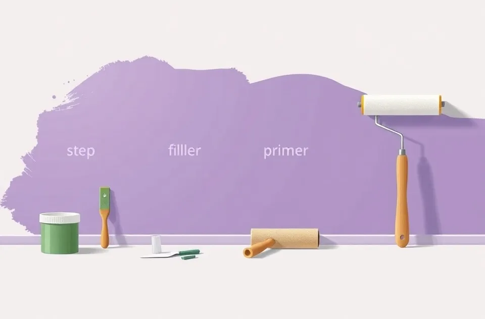 Outils de peinture disposés dans l'ordre des étapes du chantier