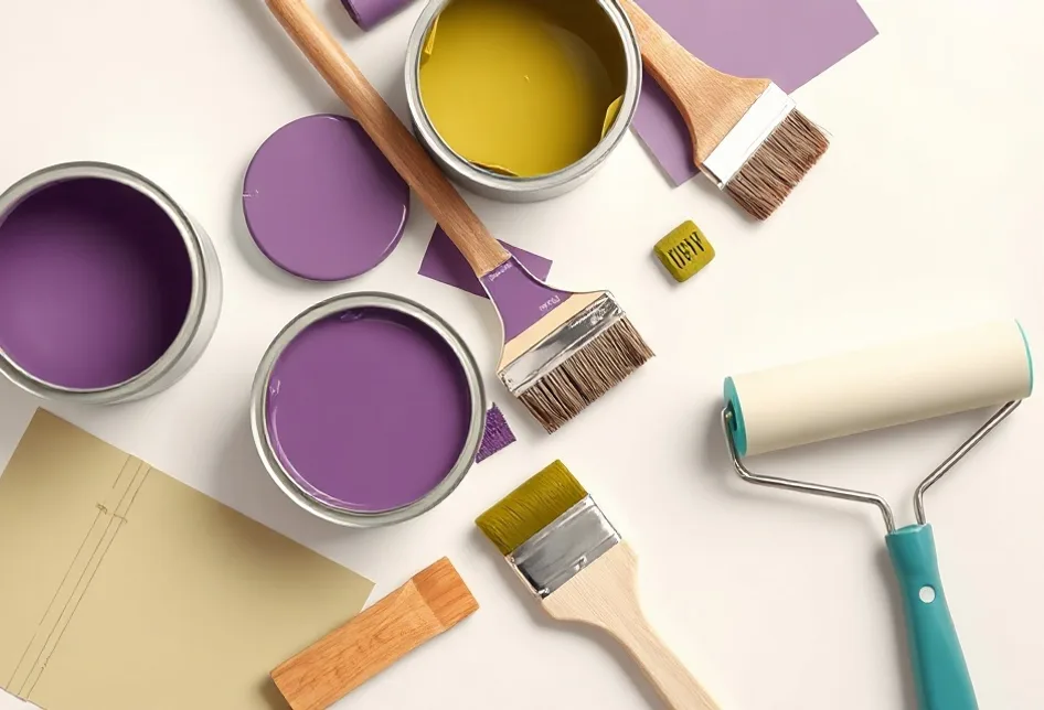 Pots de peinture, nuancier, brosses et rouleaux disposés à plat