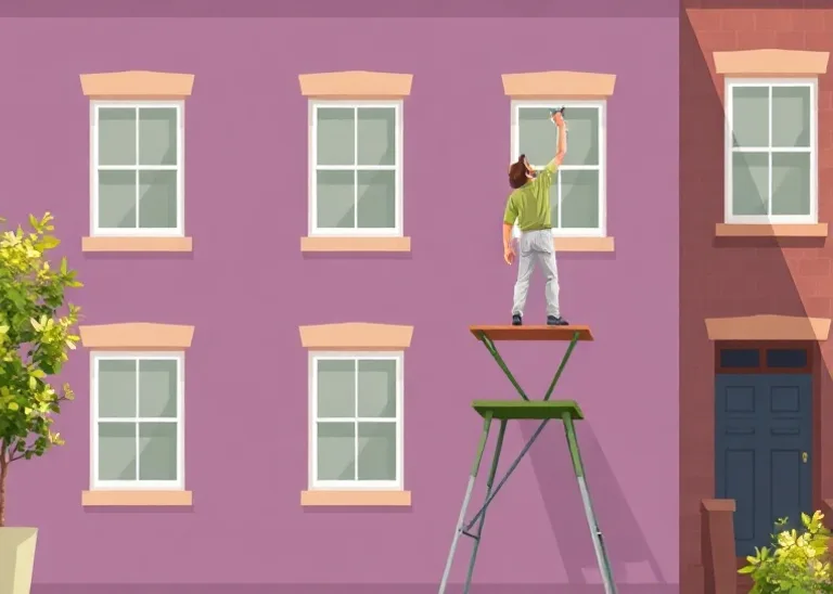 Peintre sur échafaudage traitant la façade d'une maison