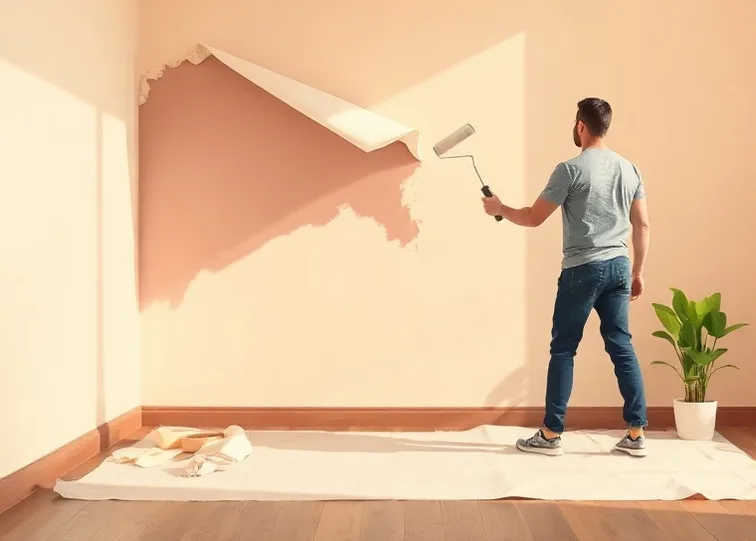 Peintre appliquant la peinture au rouleau sur un mur de salon